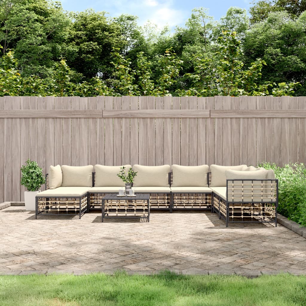 9-Delige Loungeset Met Kussens Poly Rattan Antracietkleurig 1 Beige 3x hoek + 4x midden + voetensteun + Tafel