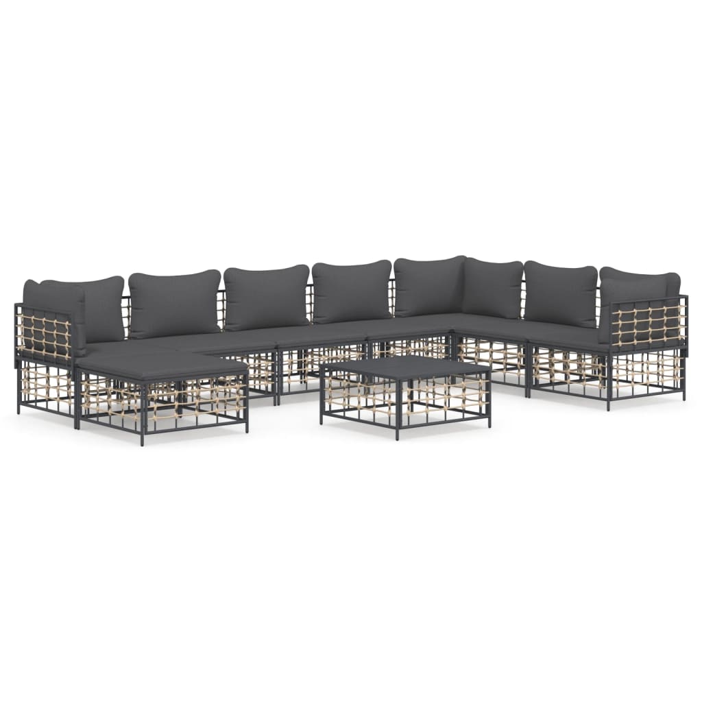 9-Delige Loungeset Met Kussens Poly Rattan Antracietkleurig 1 Donkergrijs 3x hoek + 4x midden + voetensteun + Tafel