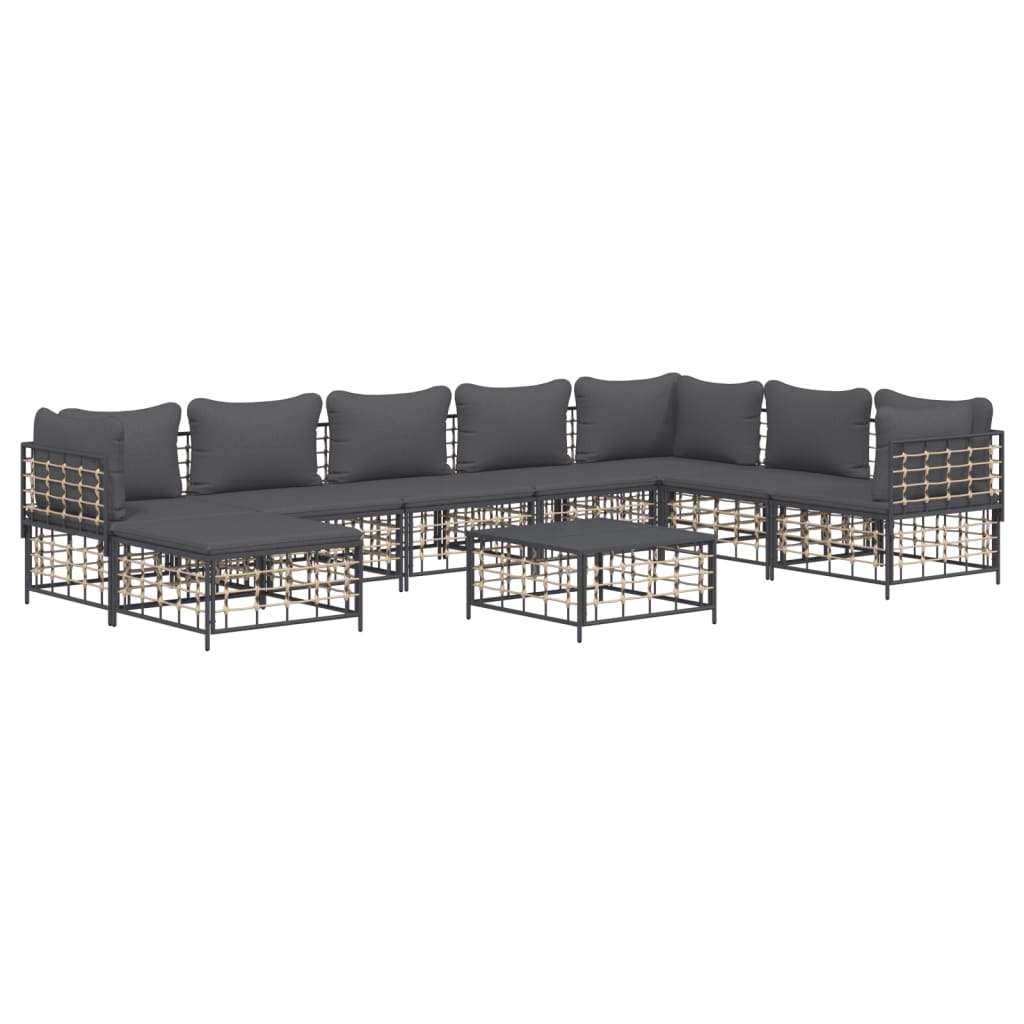 9-Delige Loungeset Met Kussens Poly Rattan Antracietkleurig 1 Donkergrijs 3x hoek + 4x midden + voetensteun + Tafel