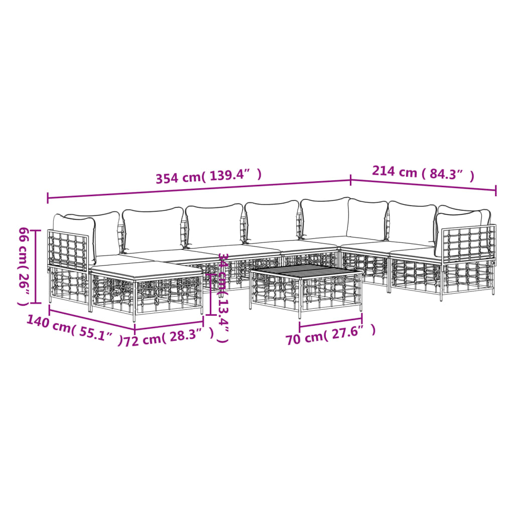 9-Delige Loungeset Met Kussens Poly Rattan Antracietkleurig 1 Donkergrijs 3x hoek + 4x midden + voetensteun + Tafel