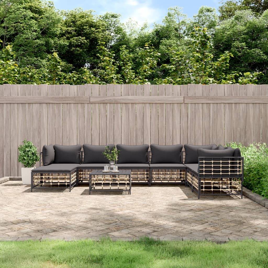 9-Delige Loungeset Met Kussens Poly Rattan Antracietkleurig 1 Donkergrijs 3x hoek + 4x midden + voetensteun + Tafel