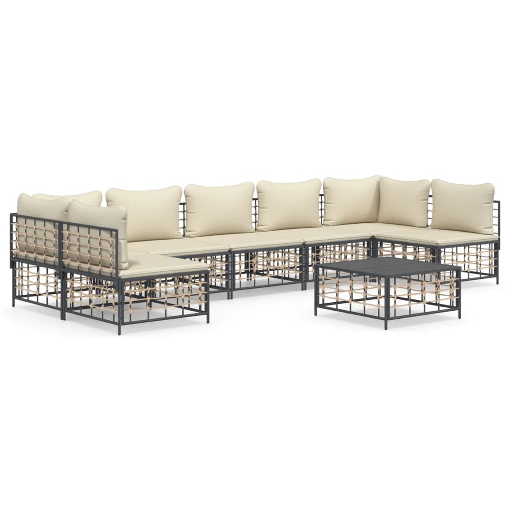 8-Delige Loungeset Met Kussens Poly Rattan Antracietkleurig 1 Beige 2x hoek + 5x midden + Tafel