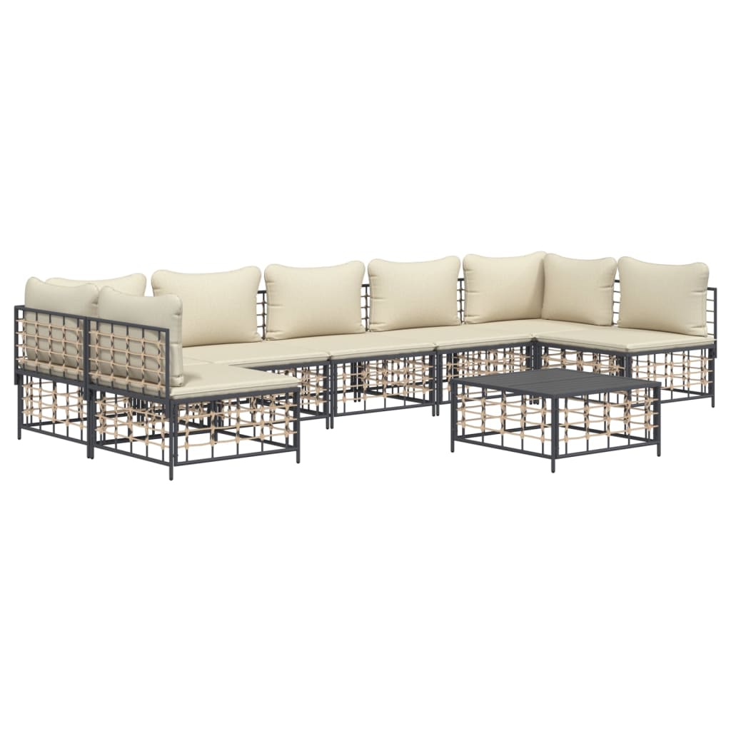 8-Delige Loungeset Met Kussens Poly Rattan Antracietkleurig 1 Beige 2x hoek + 5x midden + Tafel