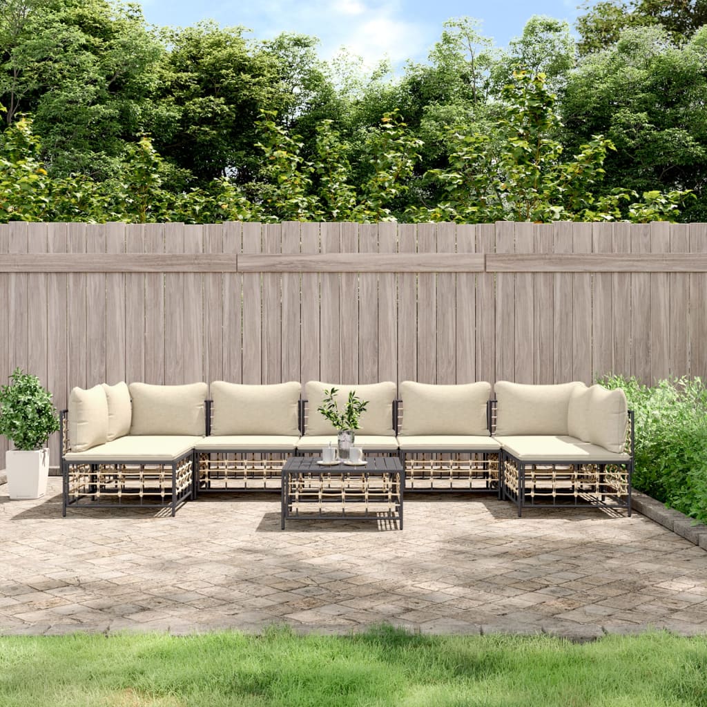 8-Delige Loungeset Met Kussens Poly Rattan Antracietkleurig 1 Beige 2x hoek + 5x midden + Tafel