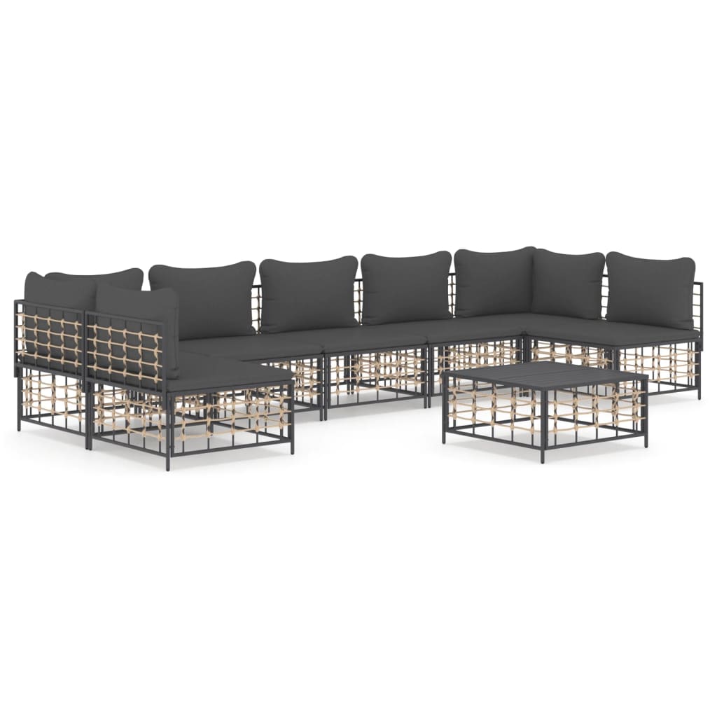 8-Delige Loungeset Met Kussens Poly Rattan Antracietkleurig 1 Donkergrijs 2x hoek + 5x midden + Tafel