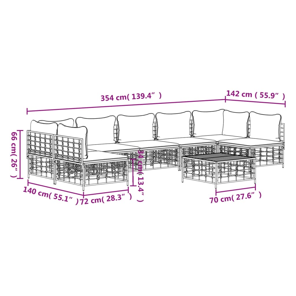 8-Delige Loungeset Met Kussens Poly Rattan Antracietkleurig 1 Donkergrijs 2x hoek + 5x midden + Tafel