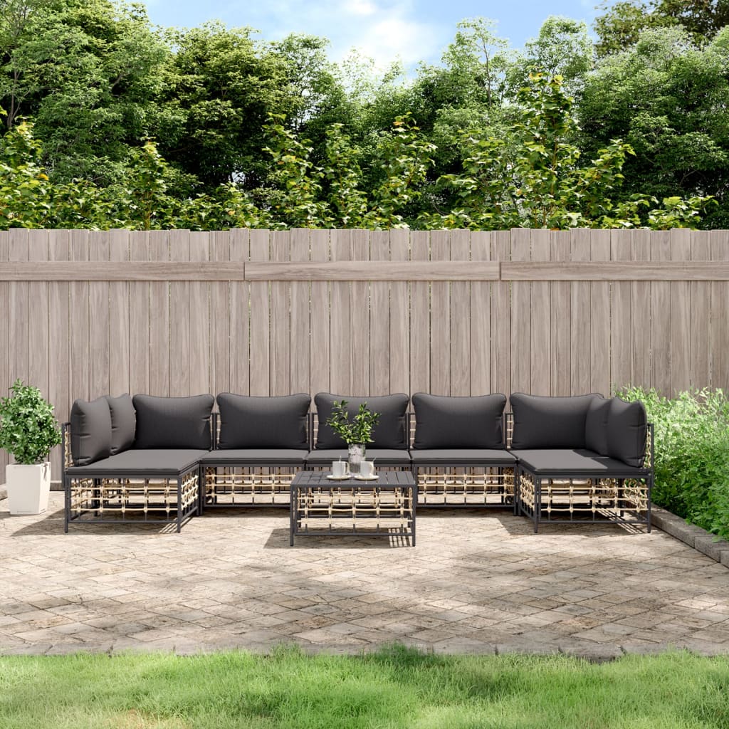 8-Delige Loungeset Met Kussens Poly Rattan Antracietkleurig 1 Donkergrijs 2x hoek + 5x midden + Tafel