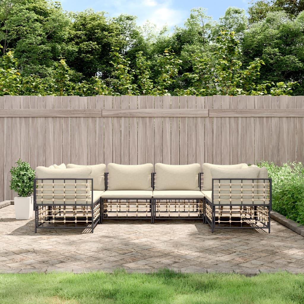 6-Delige Loungeset Met Kussens Poly Rattan Antracietkleurig 1 Beige 4x hoek + 2x midden