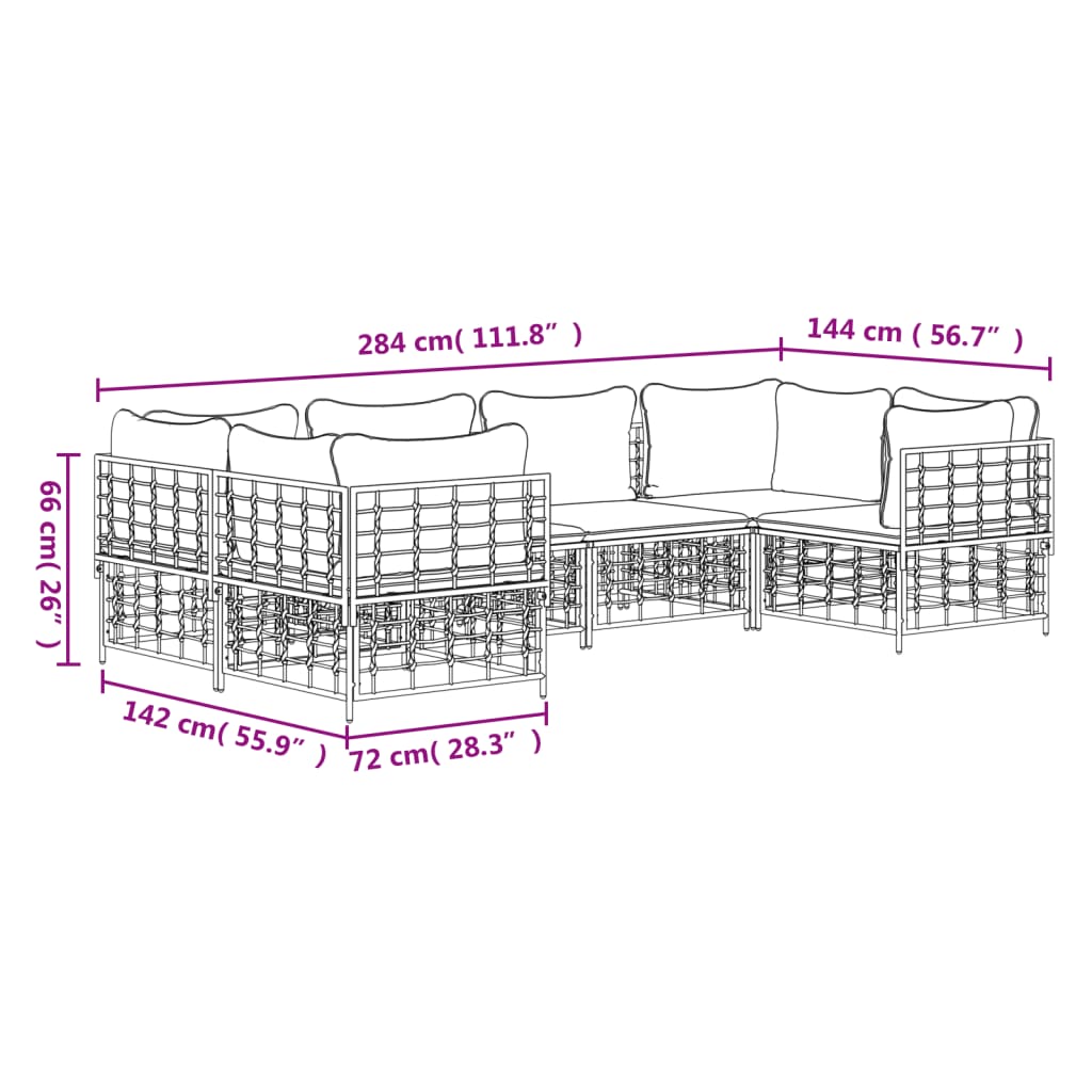 6-Delige Loungeset Met Kussens Poly Rattan Antracietkleurig 1 Donkergrijs 4x hoek + 2x midden