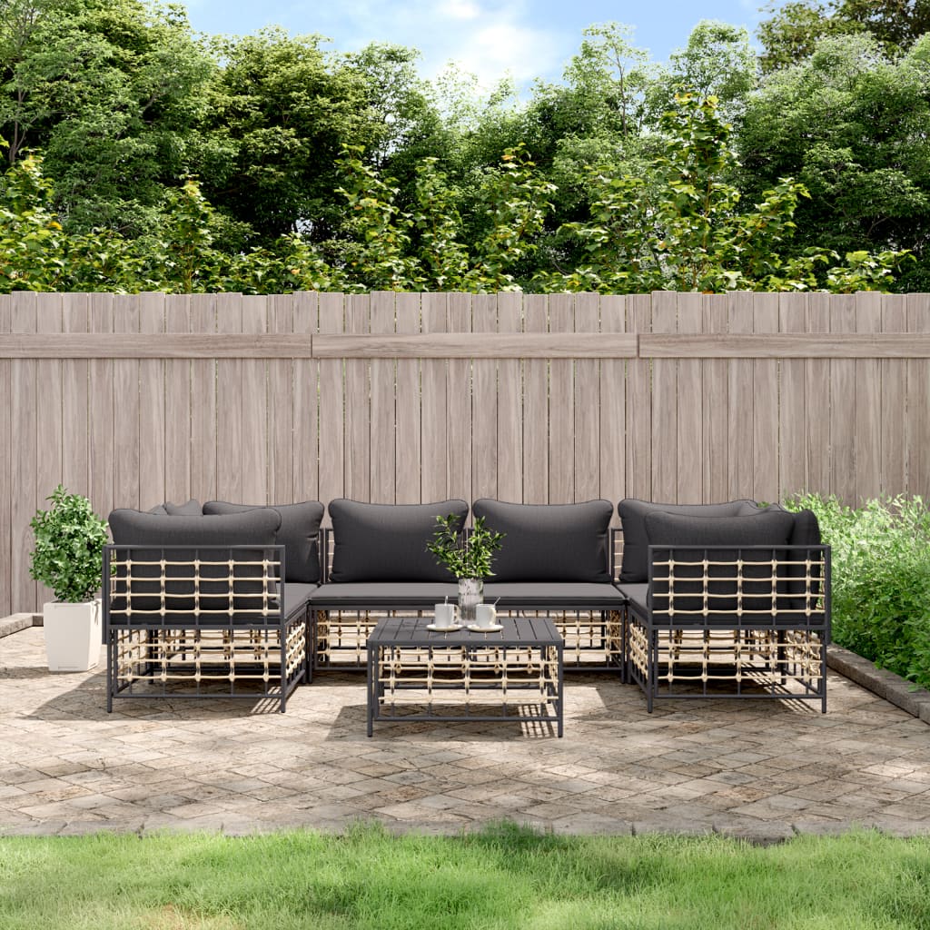 7-Delige Loungeset Met Kussens Poly Rattan Antracietkleurig 1 Donkergrijs 4x hoek + 2x midden + Tafel