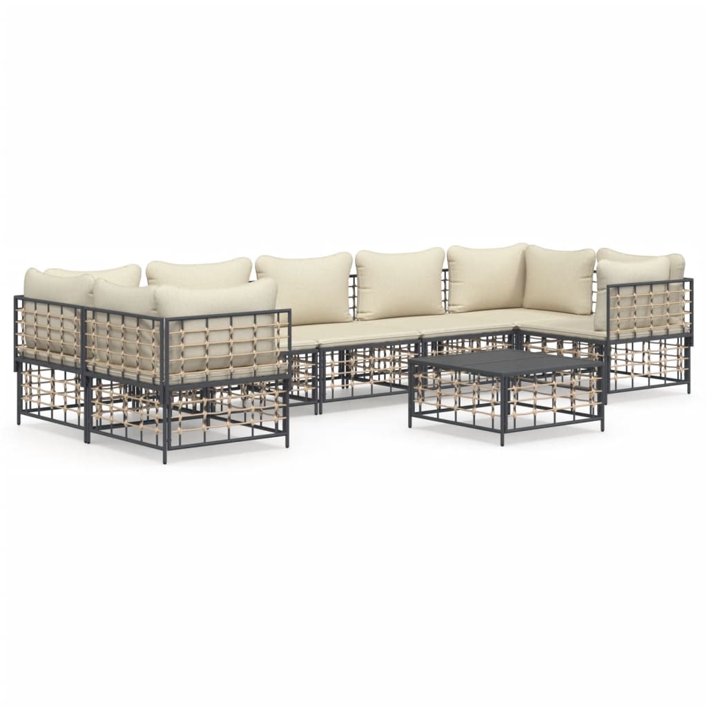 8-Delige Loungeset Met Kussens Poly Rattan Antracietkleurig 1 Beige 4x hoek + 3x midden + Tafel