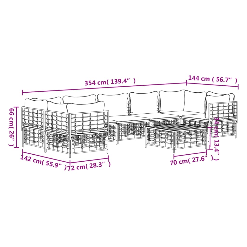 8-Delige Loungeset Met Kussens Poly Rattan Antracietkleurig 1 Beige 4x hoek + 3x midden + Tafel