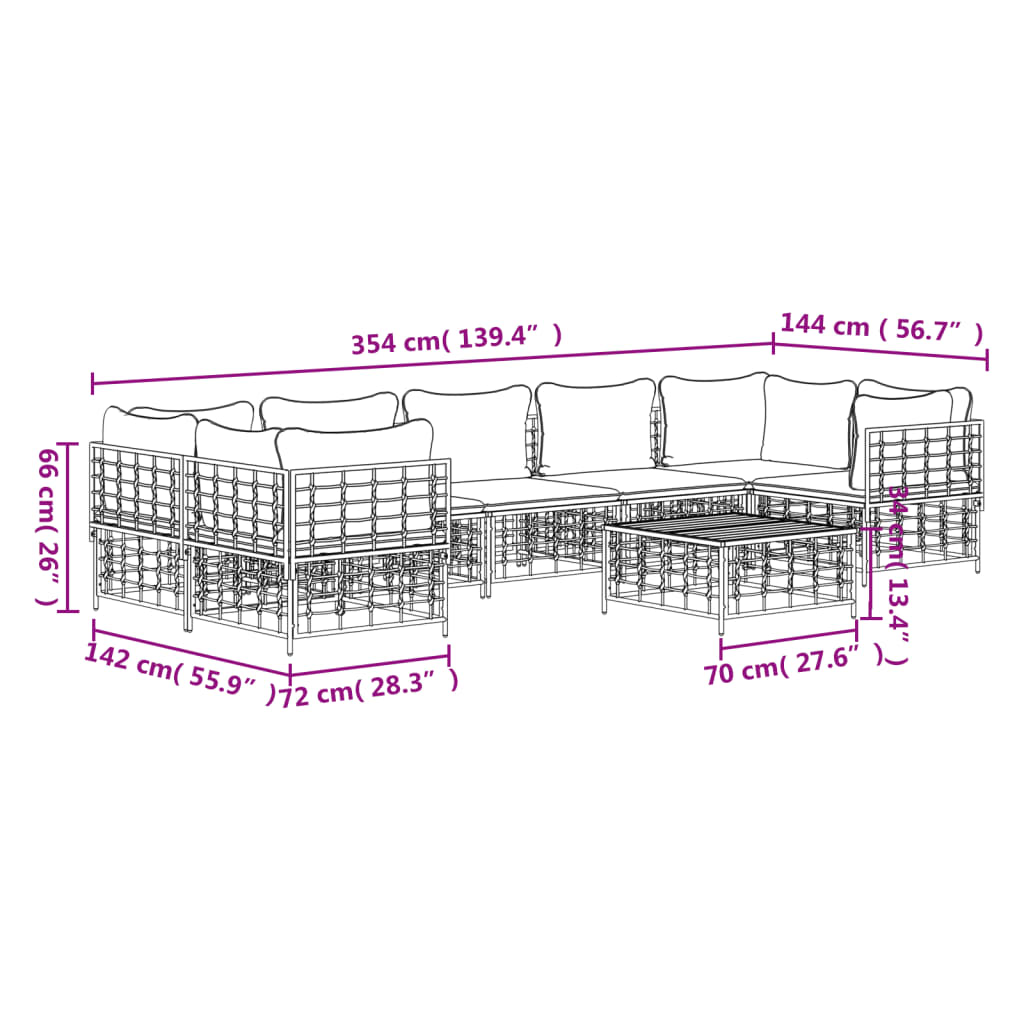 8-Delige Loungeset Met Kussens Poly Rattan Antracietkleurig 1 Donkergrijs 4x hoek + 3x midden + Tafel