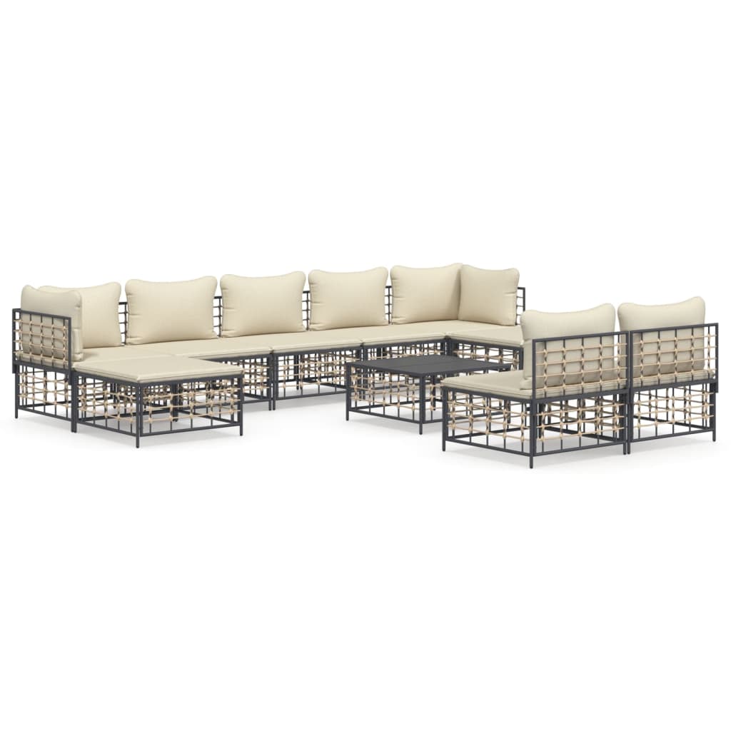 10-Delige Loungeset Met Kussens Poly Rattan Antracietkleurig Beige