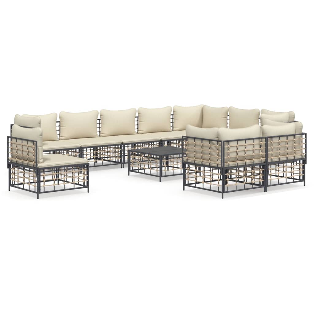 11-Delige Loungeset Met Kussens Poly Rattan Antracietkleurig Beige