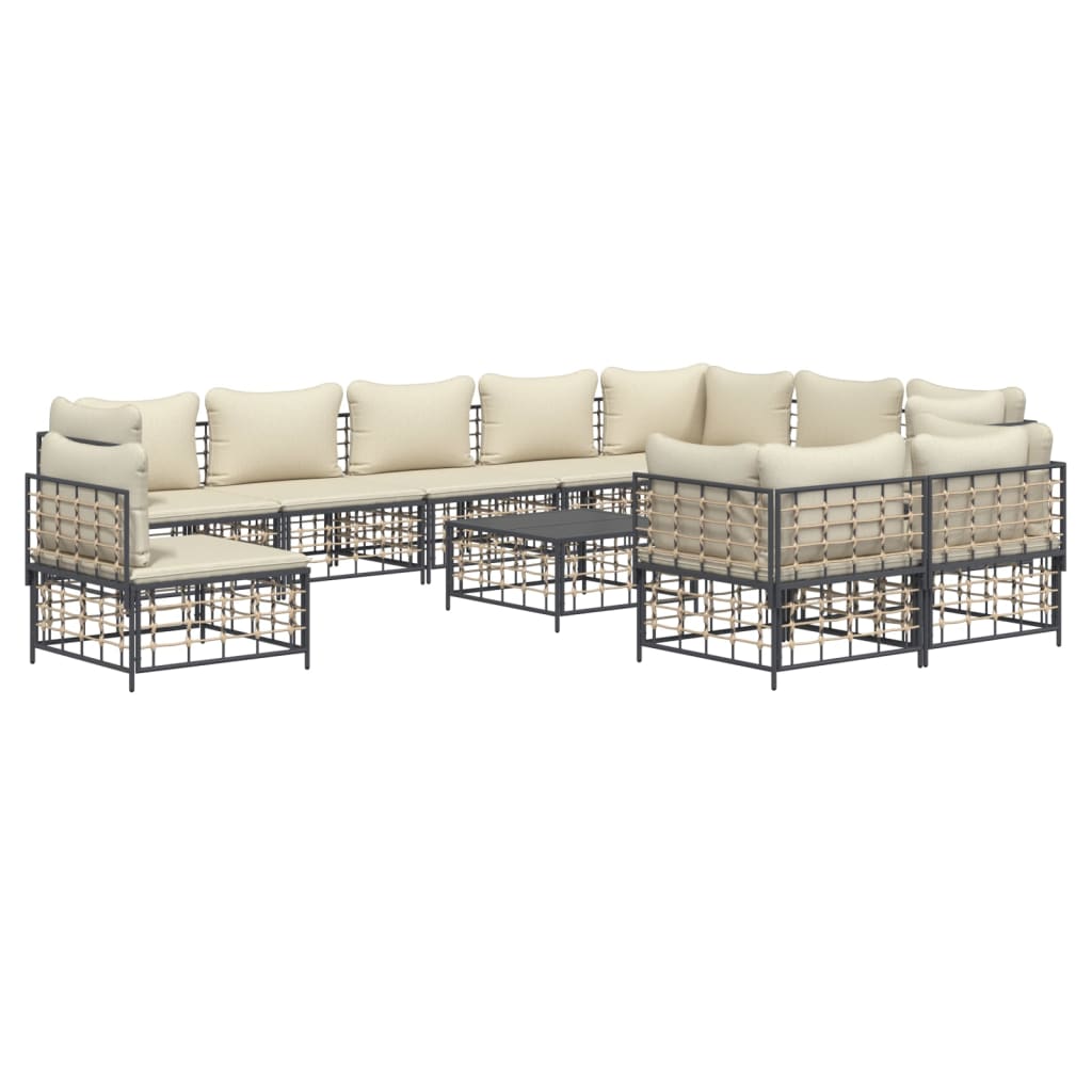 11-Delige Loungeset Met Kussens Poly Rattan Antracietkleurig Beige