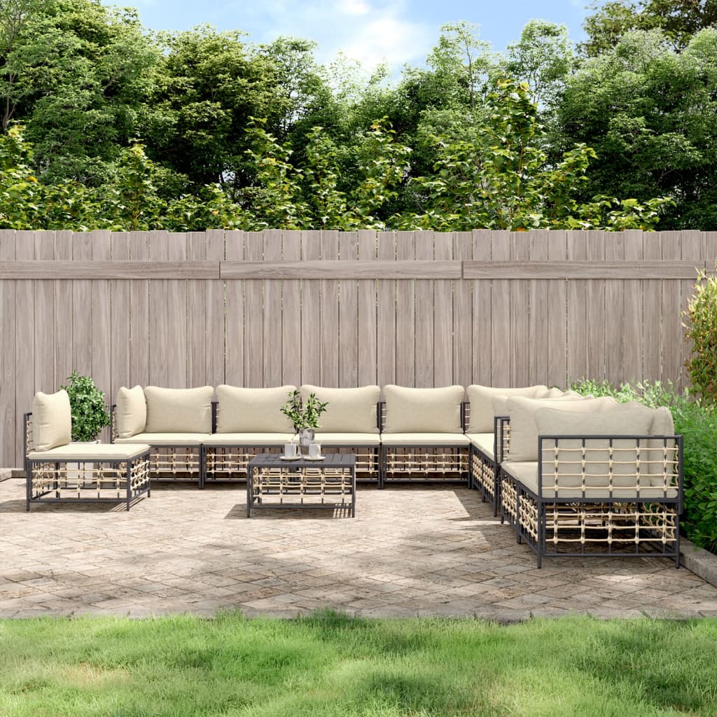 11-Delige Loungeset Met Kussens Poly Rattan Antracietkleurig Beige