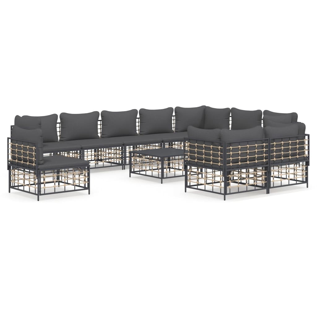 11-Delige Loungeset Met Kussens Poly Rattan Antracietkleurig Donkergrijs