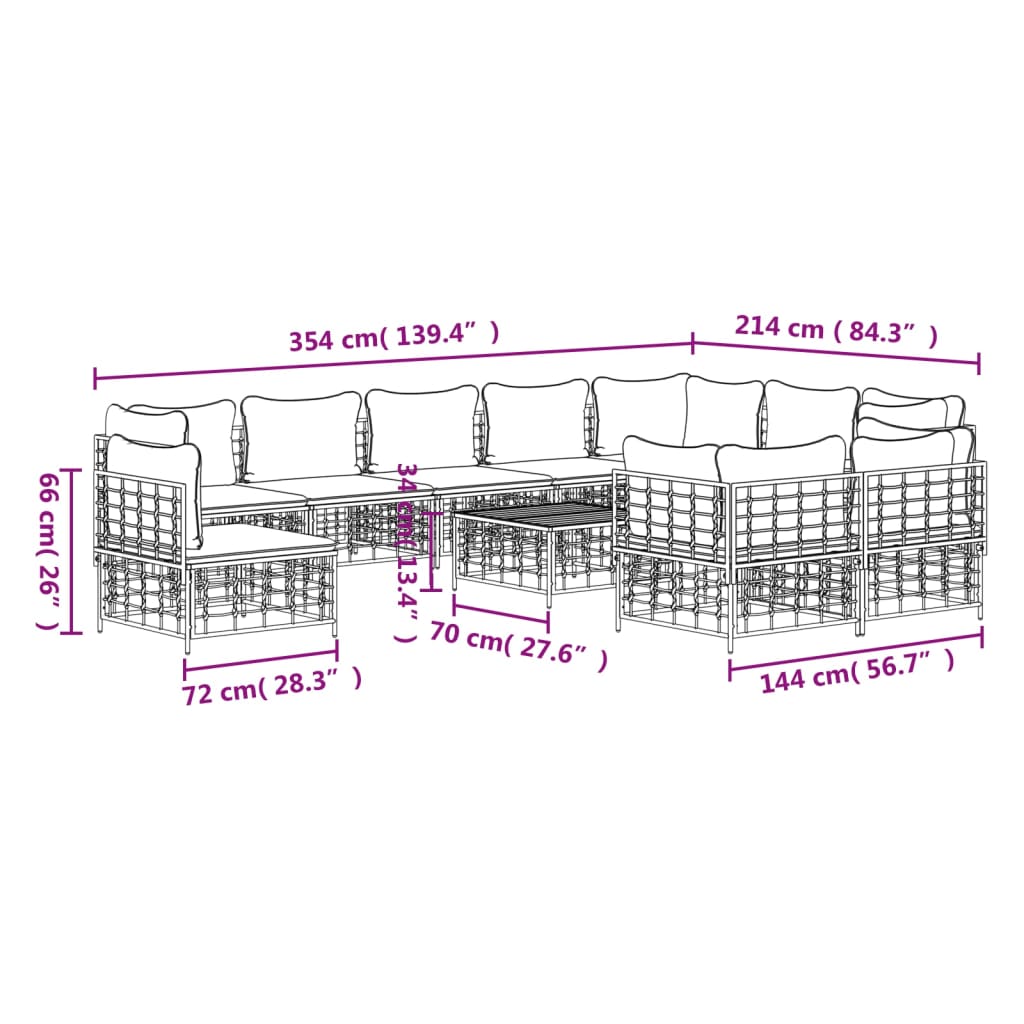 11-Delige Loungeset Met Kussens Poly Rattan Antracietkleurig Donkergrijs