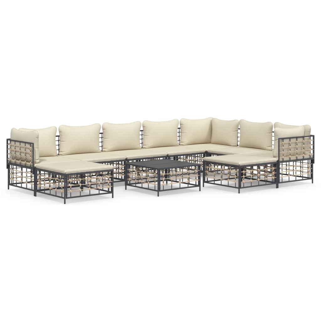 10-Delige Loungeset Met Kussens Poly Rattan Antracietkleurig Beige