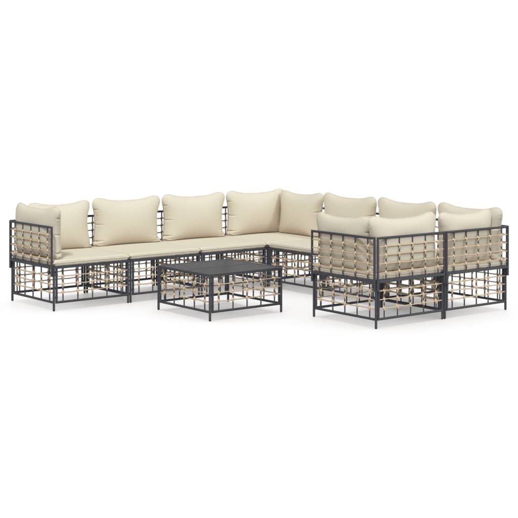 9-Delige Loungeset Met Kussens Poly Rattan Antracietkleurig Beige