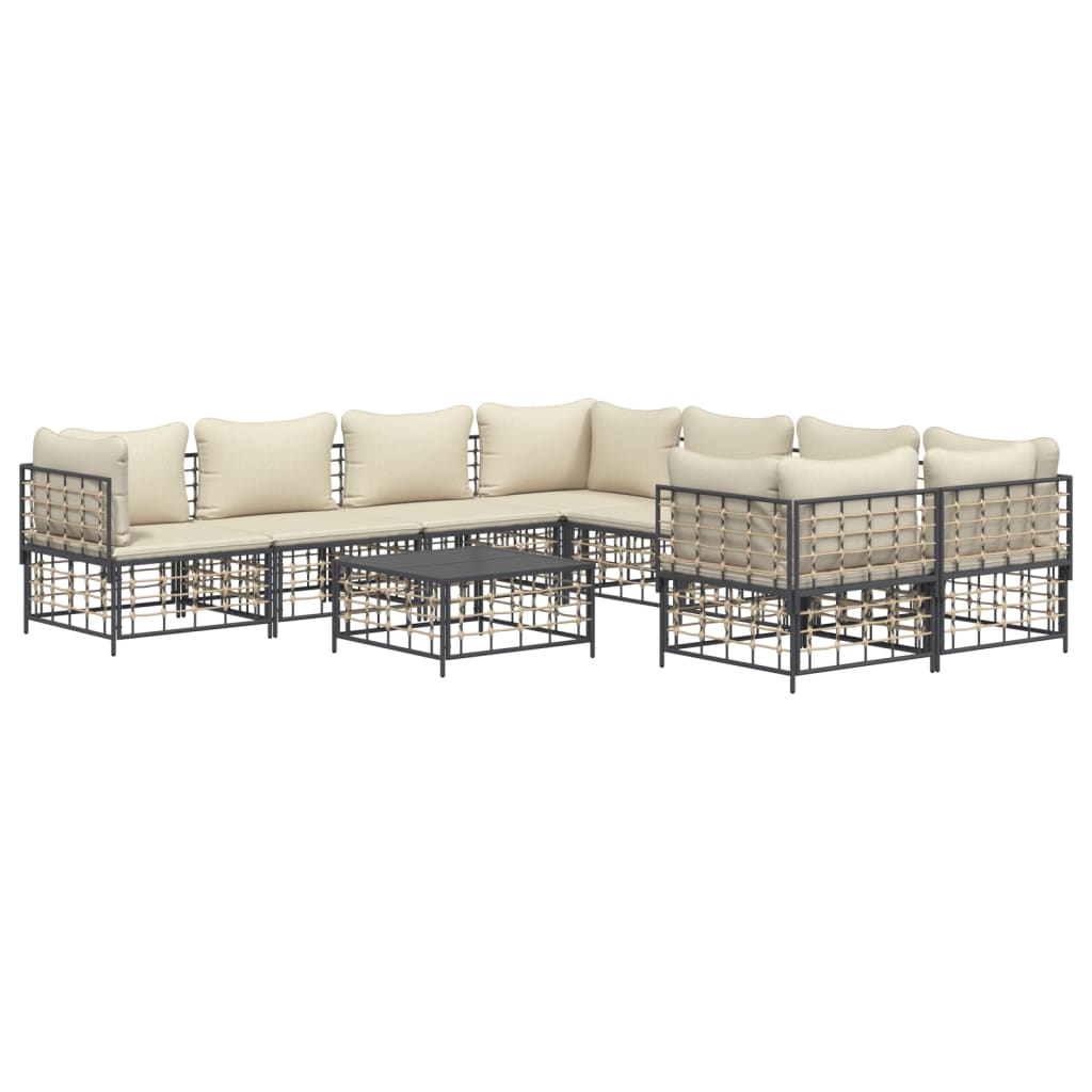 9-Delige Loungeset Met Kussens Poly Rattan Antracietkleurig Beige