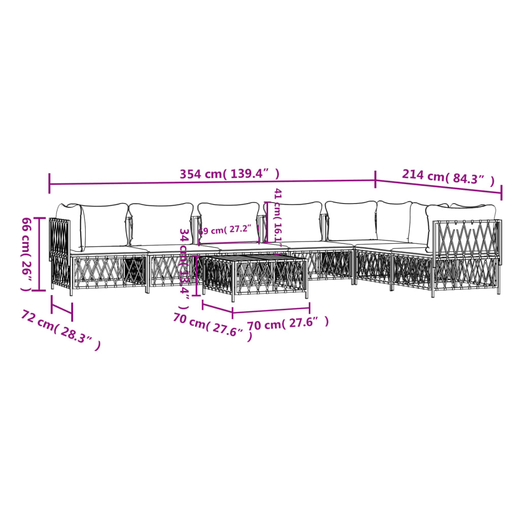 8-Delige Loungeset Met Kussens Staal Wit 1 3x hoek + 4x midden + Tafel