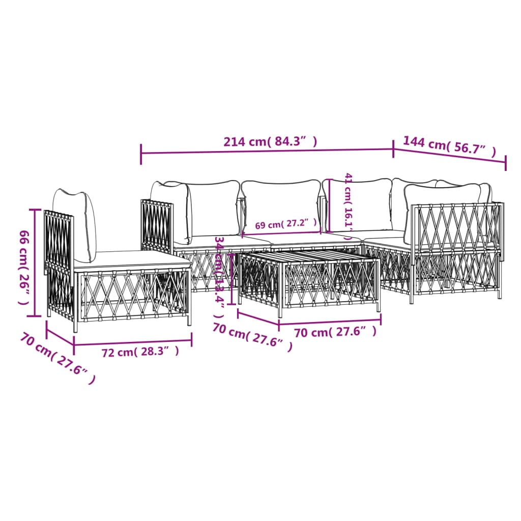 6-Delige Loungeset Met Kussens Staal Wit 1 3x hoek + 2x midden + Tafel