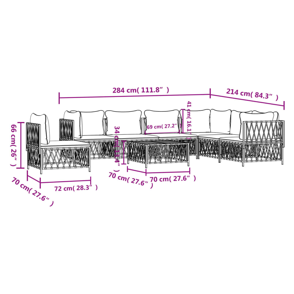 8-Delige Loungeset Met Kussens Staal Wit 1 3x hoek + 4x midden + Tafel