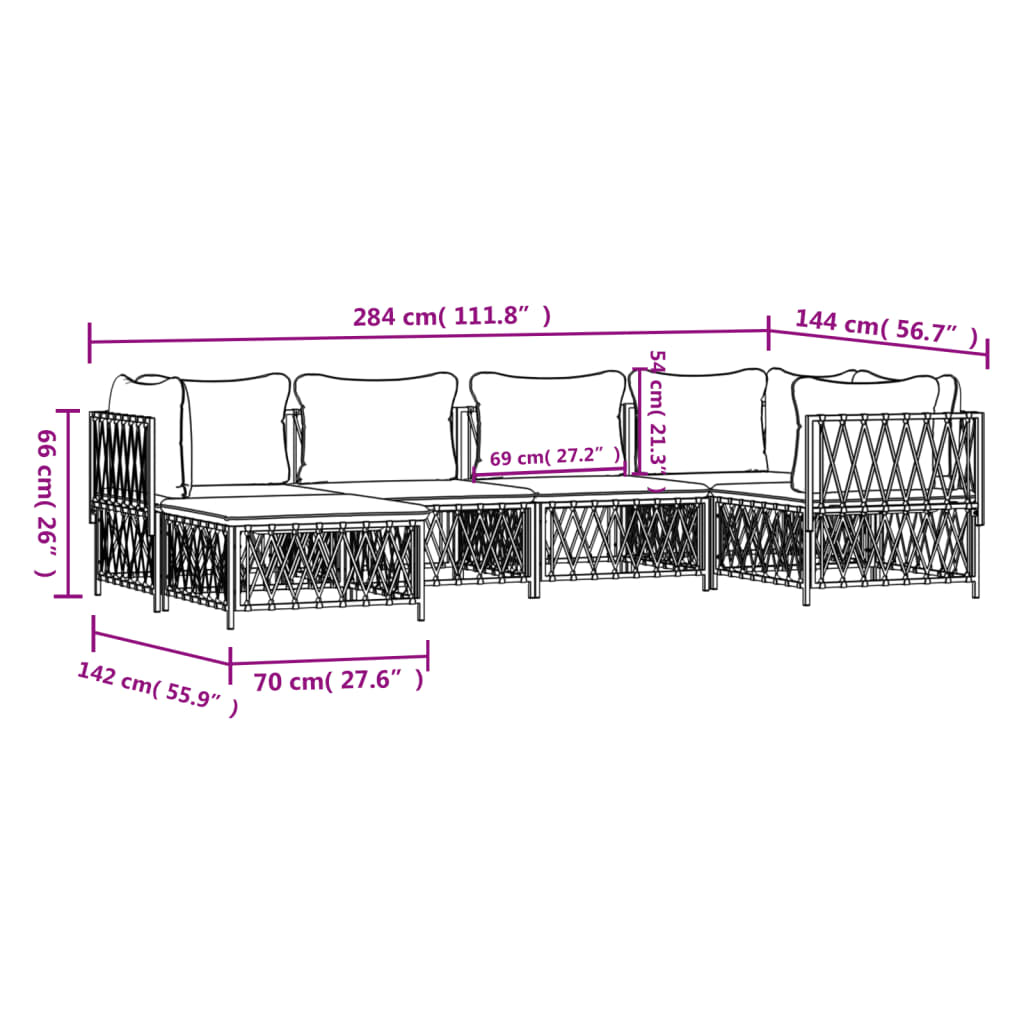 6-Delige Loungeset Met Kussens Staal Wit 1 3x hoek + 2x midden + voetensteun