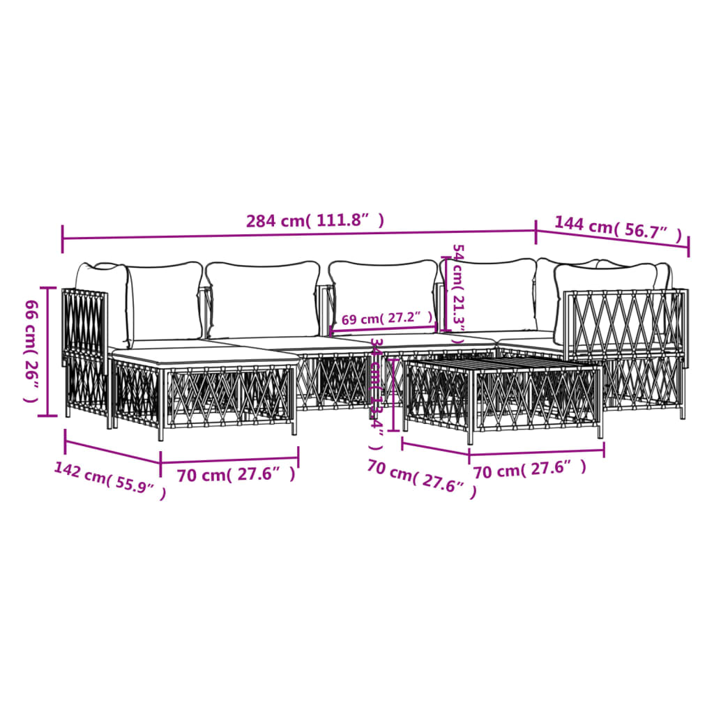 7-Delige Loungeset Met Kussens Staal Wit 1 3x hoek + 2x midden + voetensteun + Tafel