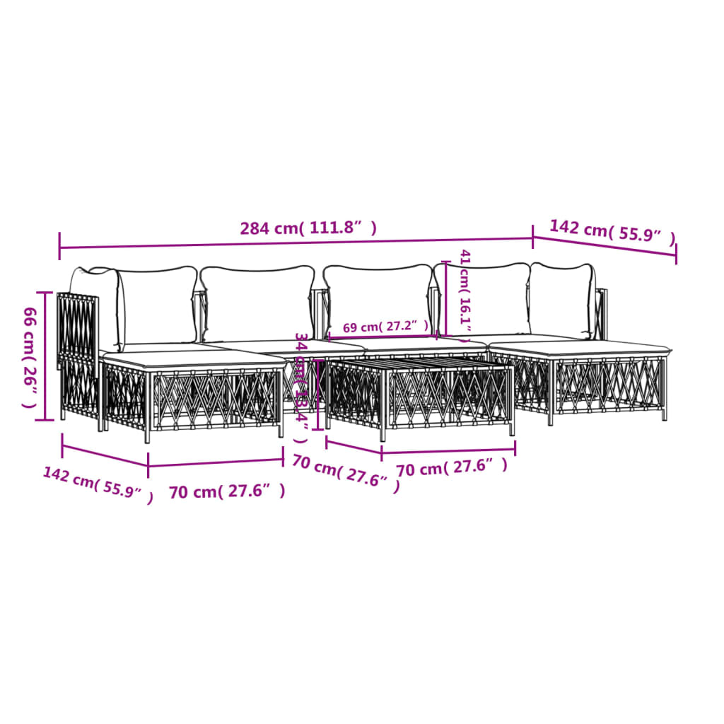 7-Delige Loungeset Met Kussens Staal Wit 1 2x hoek + 2x midden + 2x voetensteun + Tafel