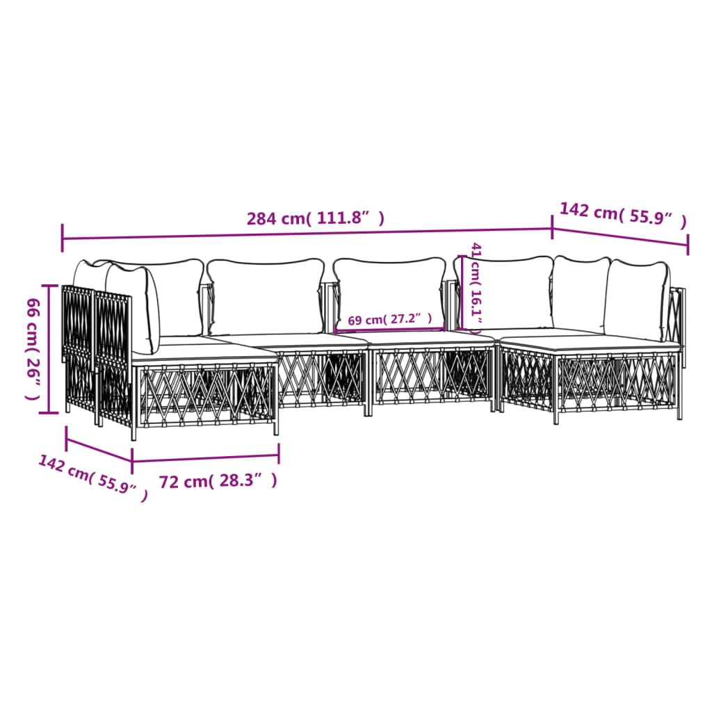 6-Delige Loungeset Met Kussens Staal Wit 1 2x hoek + 4x midden