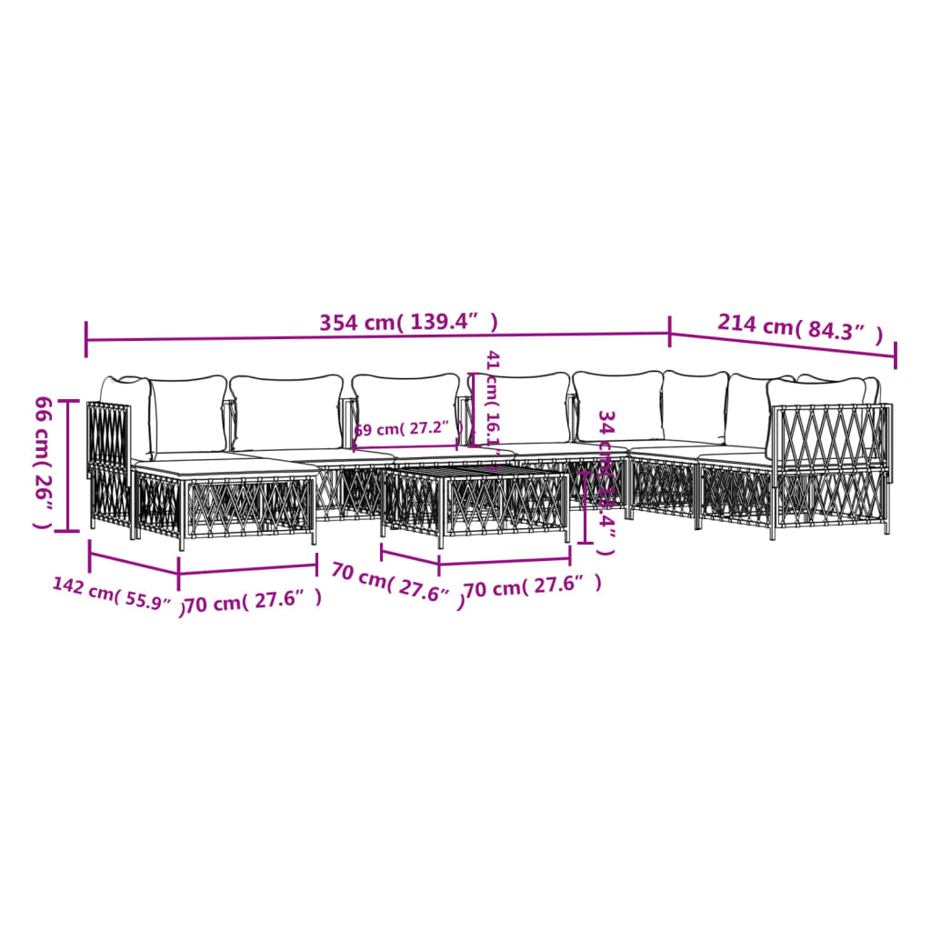 9-Delige Loungeset Met Kussens Staal Wit 1 3x hoek + 4x midden + voetensteun + Tafel