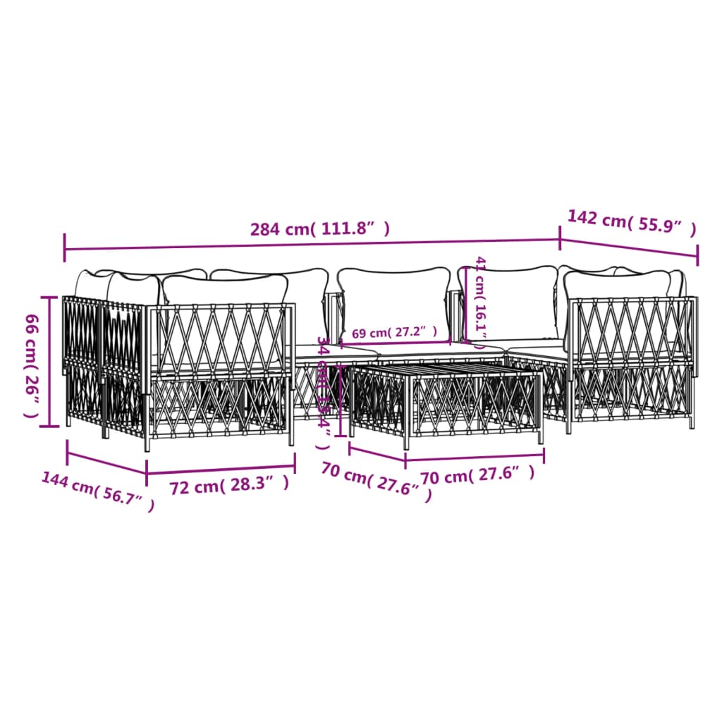 7-Delige Loungeset Met Kussens Staal Wit 1 4x hoek + 2x midden + Tafel