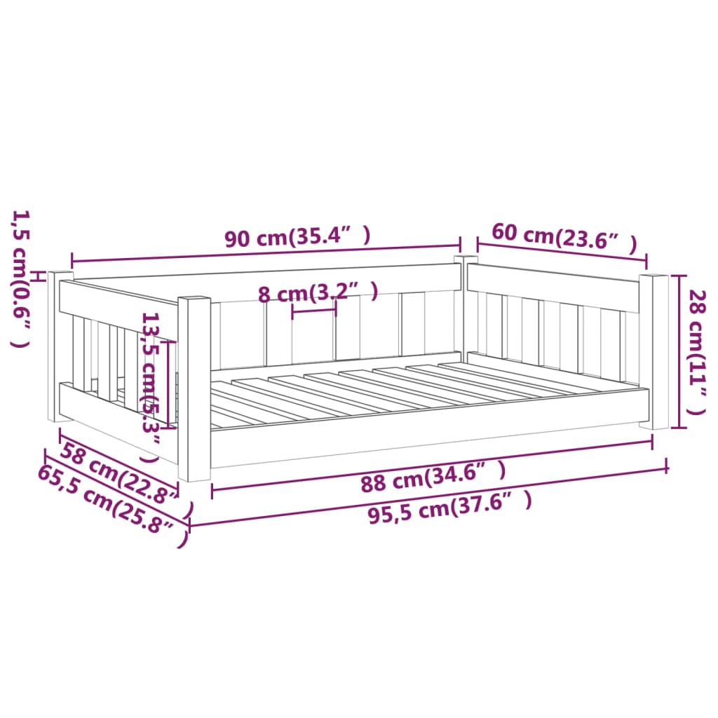 Hondenmand 95,5X65,5X28 Cm Massief Grenenhout Wit 95.5 x 65.5 x 28 cm