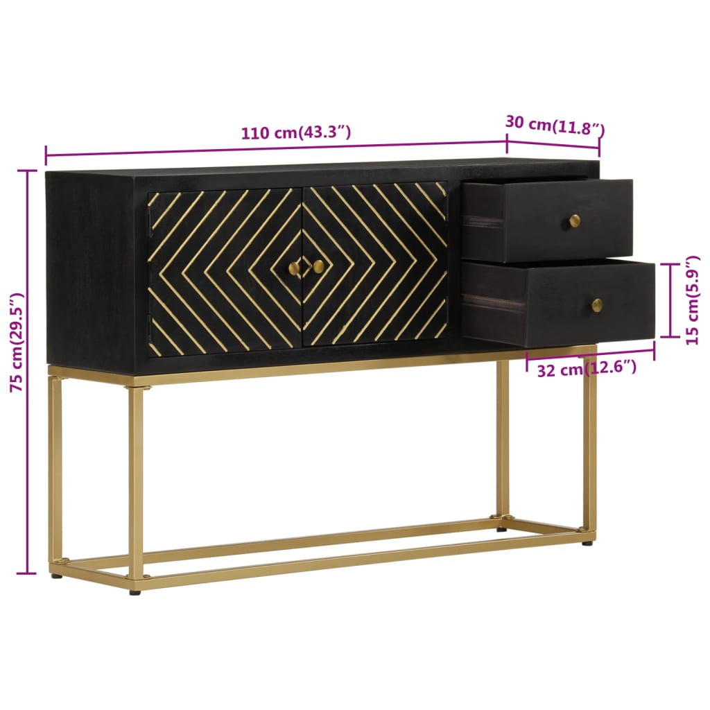 Dressoir 110x30x75 cm massief mangohout zwart en goud