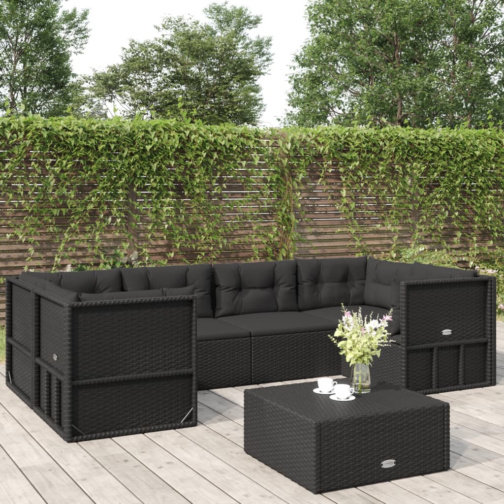 6-Delige Loungeset Met Kussens Poly Rattan Zwart 1 4x hoek + 2x midden