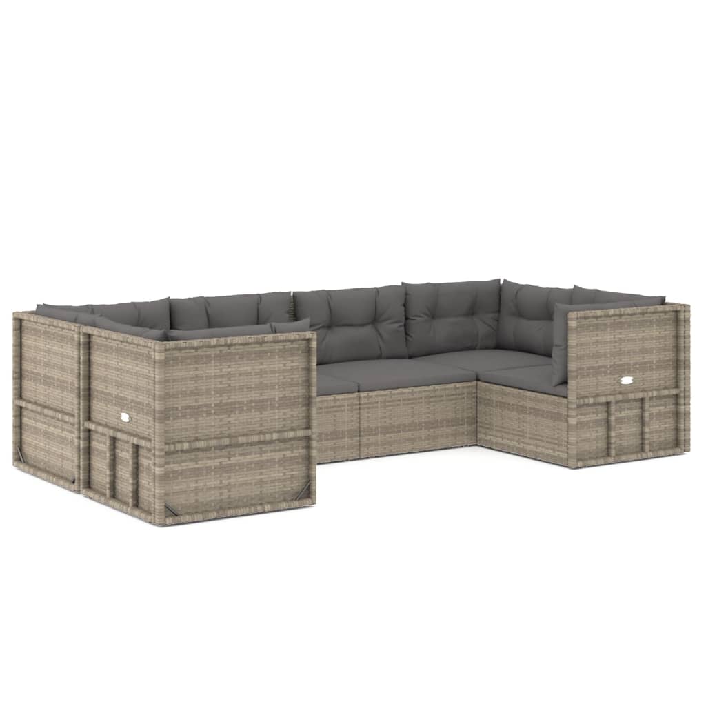 6-Delige Loungeset Met Kussens Poly Rattan Grijs 1 4x hoek + 2x midden