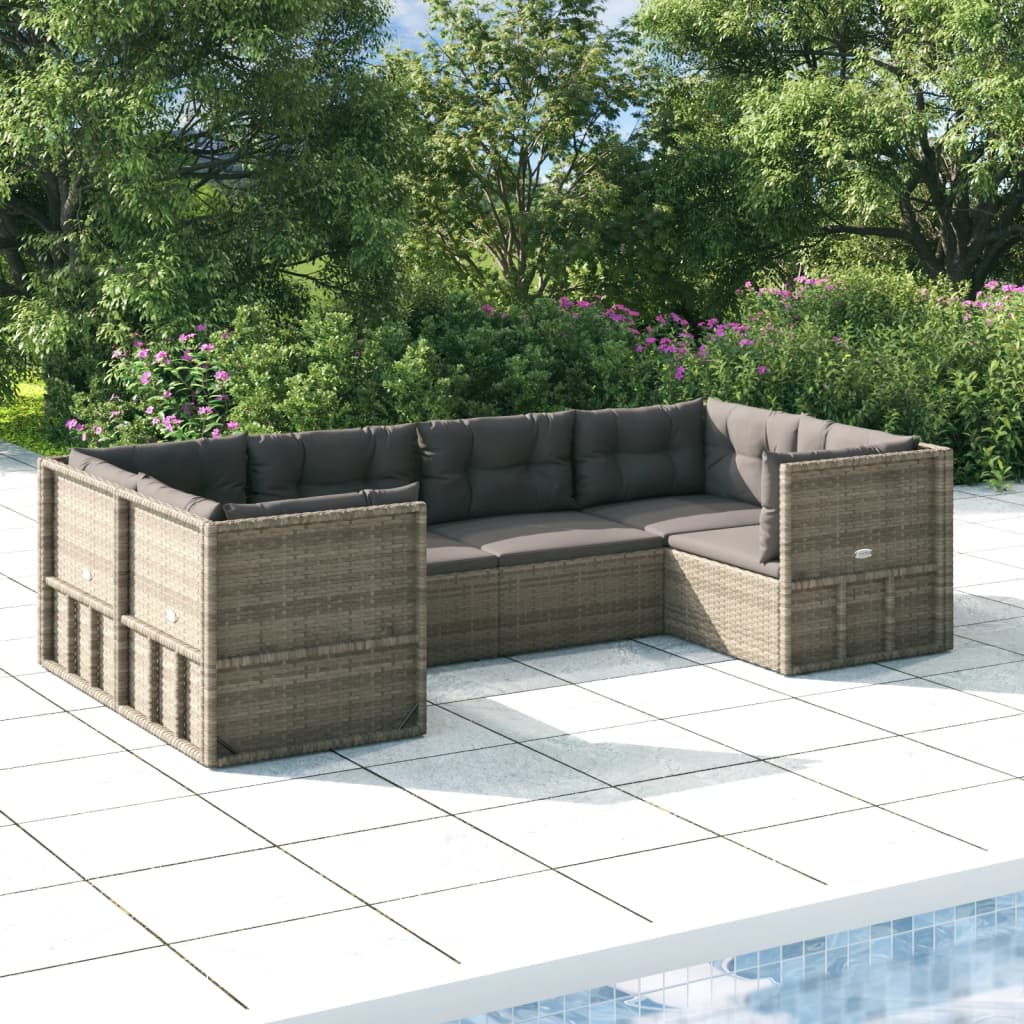 6-Delige Loungeset Met Kussens Poly Rattan Grijs 1 4x hoek + 2x midden