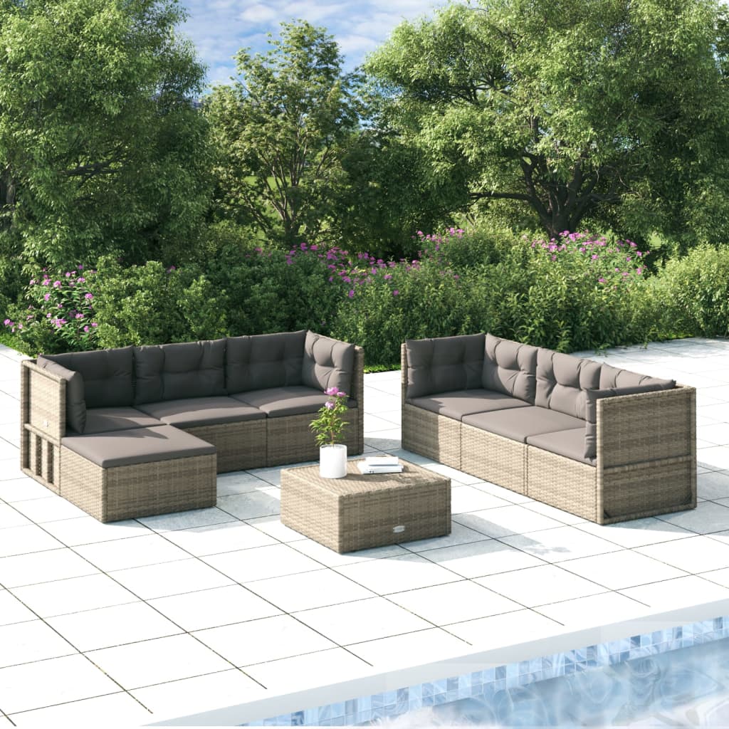 7-Delige Loungeset Met Kussens Poly Rattan Grijs 1 4x corner + 2x middle + footrest