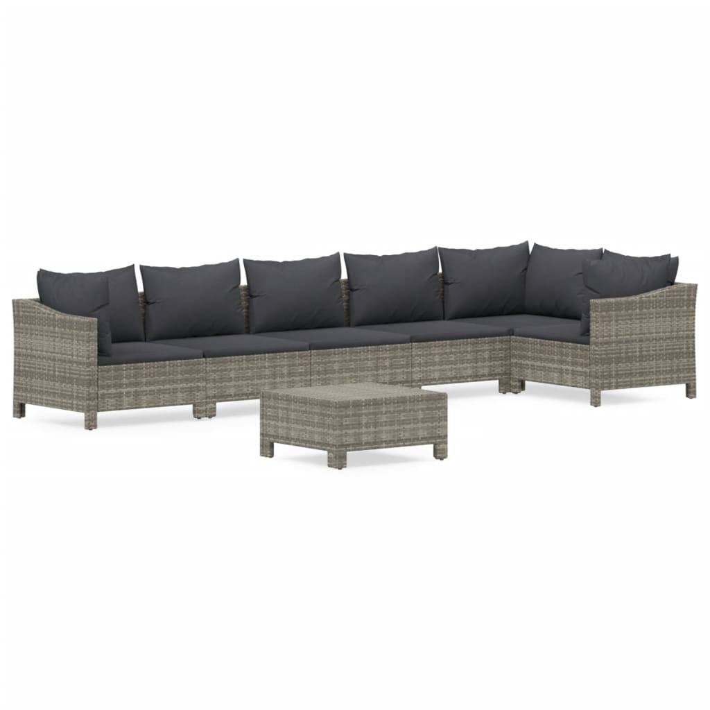 7-Delige Loungeset Met Kussens Poly Rattan Grijs 1 2x Fauteuil + hoek +3x midden + voetensteun