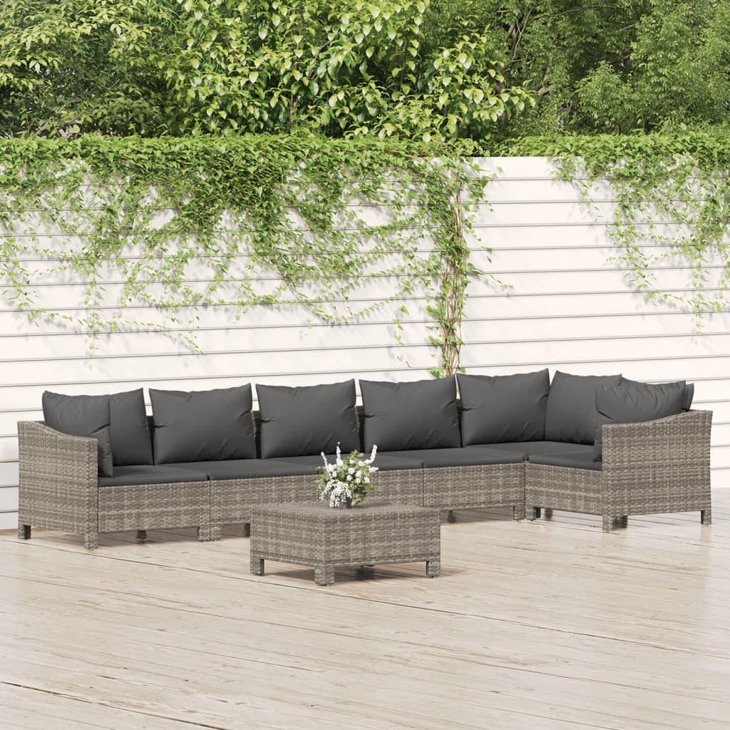 7-Delige Loungeset Met Kussens Poly Rattan Grijs 1 2x Fauteuil + hoek +3x midden + voetensteun