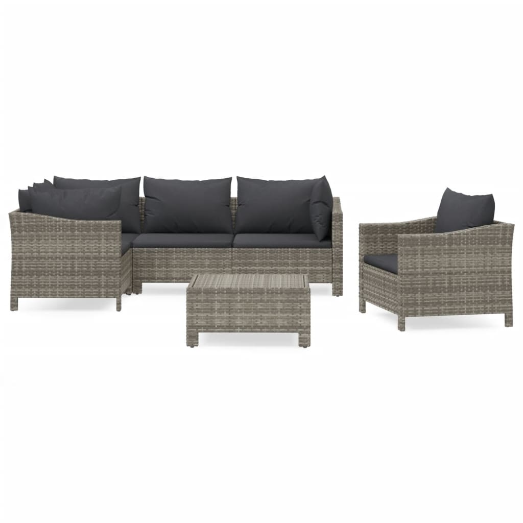 6-Delige Loungeset Met Kussens Poly Rattan Grijs 1 3x armchair + corner + middle + footrest