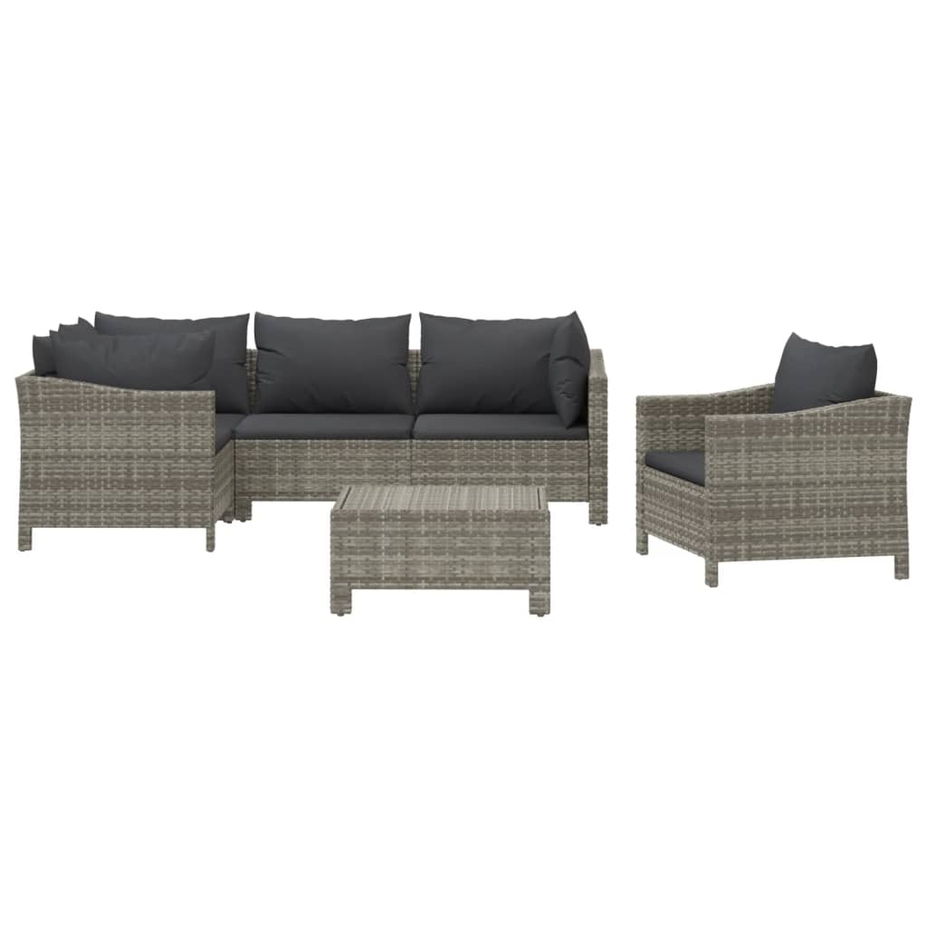 6-Delige Loungeset Met Kussens Poly Rattan Grijs 1 3x armchair + corner + middle + footrest