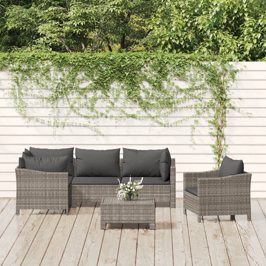 6-Delige Loungeset Met Kussens Poly Rattan Grijs 1 3x armchair + corner + middle + footrest