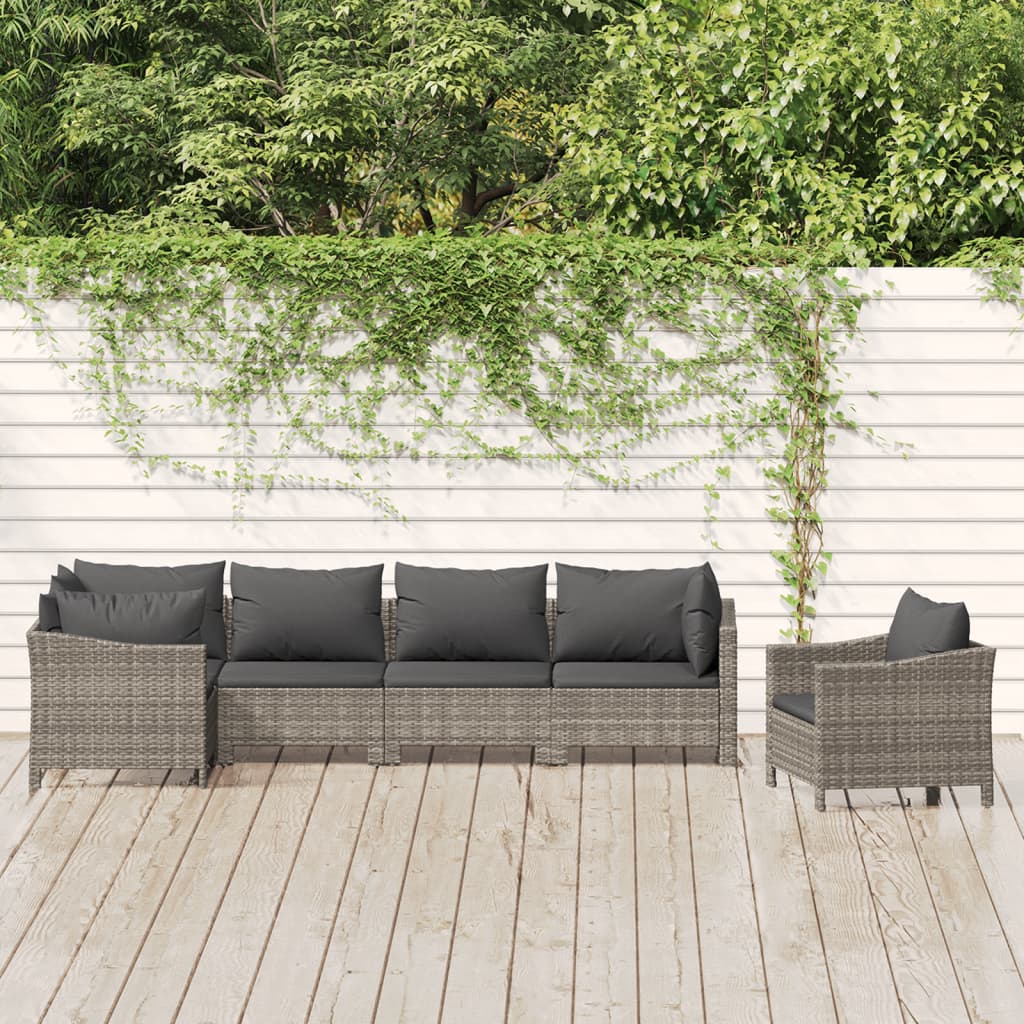 6-Delige Loungeset Met Kussens Poly Rattan Grijs 1 3x armchair + corner + 2x middle