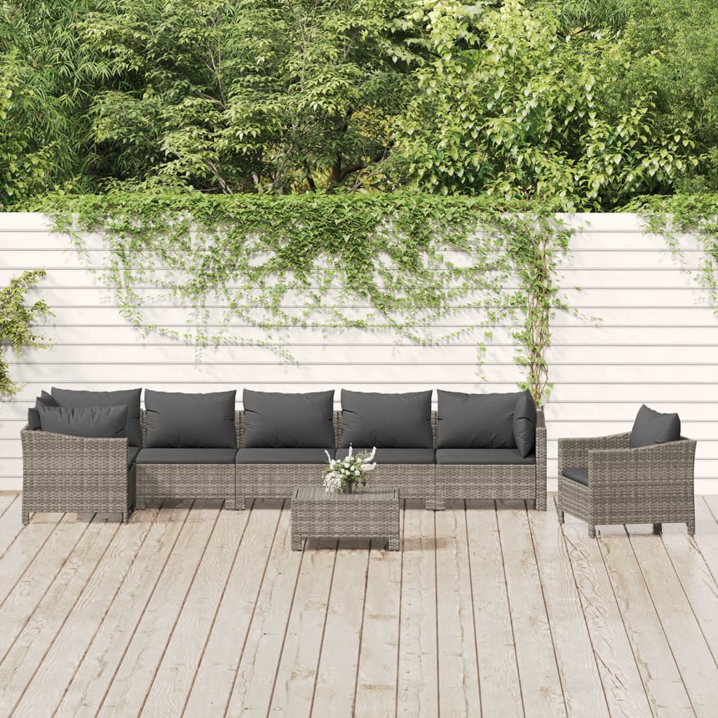 8-Delige Loungeset Met Kussens Poly Rattan Grijs 1 3x armchair + corner + 3x middle + footrest