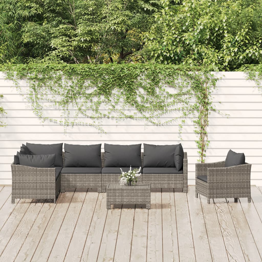 8-Delige Loungeset Met Kussens Poly Rattan Grijs 1 3x armchair + corner + 3x middle + footrest