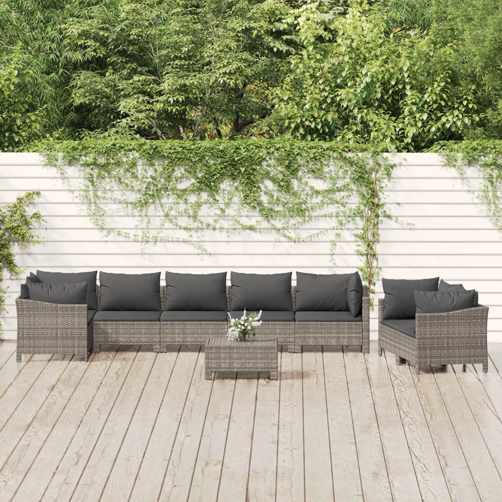 9-Delige Loungeset Met Kussens Poly Rattan Grijs 1 4x armchair + corner + 3x middle + footrest